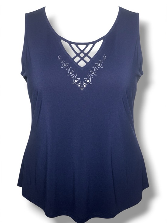 Diana Belle Tops - Diana Belle XL  Sleeveless Navy Blue Embellished Crisscross Tank Top Stretch NWT